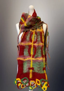 Nuno Felt Scarf Green Burgundy long felt scarf