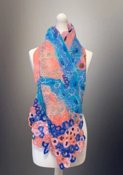 Nuno Felt Scarf Pink and blue sparkly scarf with circles at both ends