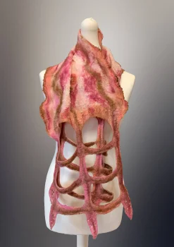 Nuno Felt Scarf pink and brown lattice scarf