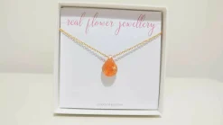 Orange Flower and Gold Leaf Drop 3D Gold Plated Necklace