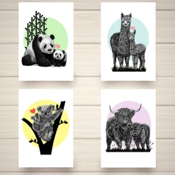 Pack of Four Animal Greetings Cards (A5)