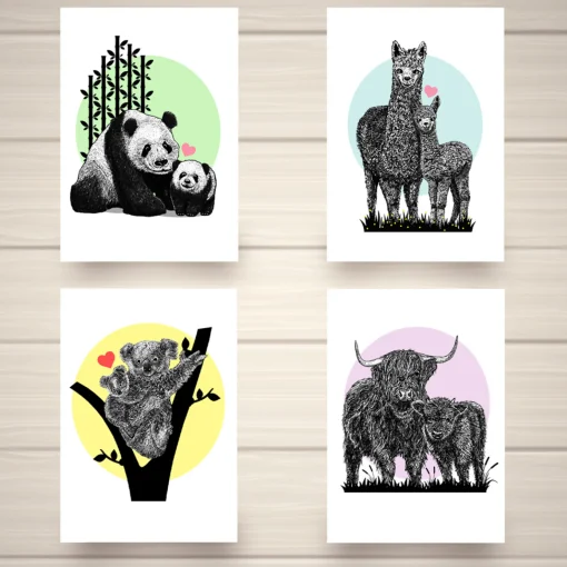 Pack of Four Animal Greetings Cards (A5)