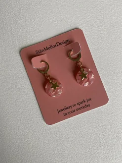 Pink Marbled Circle Star Gold Huggie Hoop Earrings