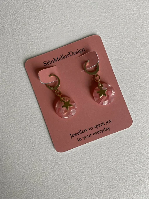 Pink Marbled Circle Star Gold Huggie Hoop Earrings