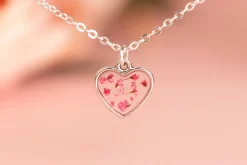 Pink Real Pressed Flower Tiny Heart Necklace Sterling Silver