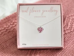 Pink Real Pressed Flower Tiny Heart Necklace Sterling Silver
