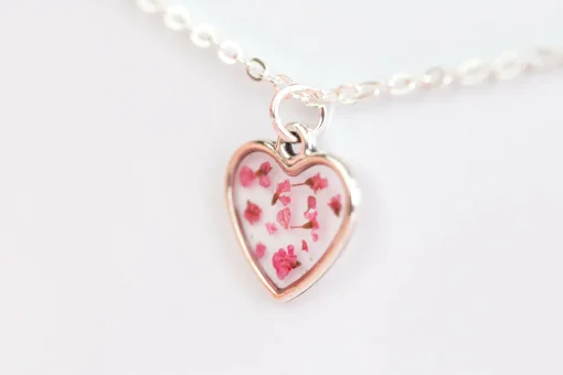Pink Real Pressed Flower Tiny Heart Necklace Sterling Silver