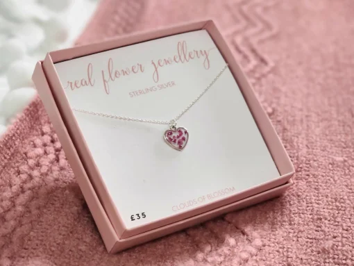 Pink Real Pressed Flower Tiny Heart Necklace Sterling Silver