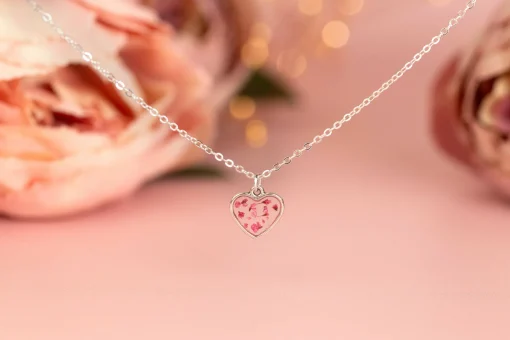 Pink Real Pressed Flower Tiny Heart Necklace Sterling Silver