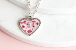 Pink Real Pressed Flower Tiny Heart Necklace Sterling Silver