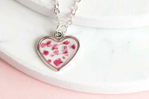 Pink Real Pressed Flower Tiny Heart Necklace Sterling Silver