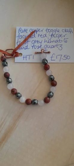 Pure Copper Clasp Bracelet with Faceted Red Jasper, Twist Hematite and