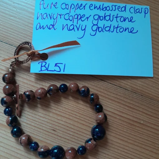 Pure Copper, Leaf Embossed Toggle Catch Bracelet, with Navy and Copper
