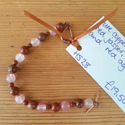 Pure Copper Toggle Catch Bracelet, with Red Jasper, Rose Jade and Red