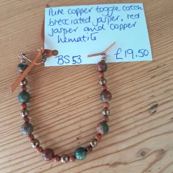 Pure Copper Toggle Catch Bracelet with Brecciated Jasper, Red Jasper a