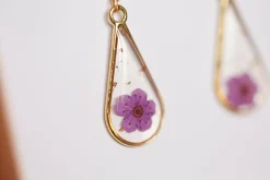 Purple Baby’s Breath Long Teardrop Earrings Gold Plated