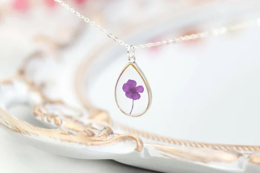 Purple Baby’s Breath Teardrop Necklace Silver Plated