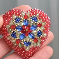 Red and Blue Bead Embroidered Heart Brooch