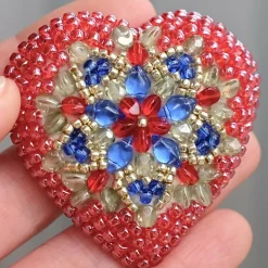 Red and Blue Bead Embroidered Heart Brooch