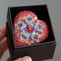 Red and Blue Bead Embroidered Heart Brooch