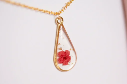 Red Baby’s Breath Long Teardrop Necklace Gold Plated
