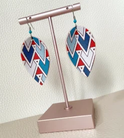 Red Teal Geo Print Pinched Leaf Earrings