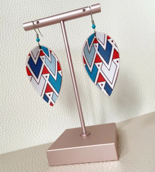 Red Teal Geo Print Pinched Leaf Earrings