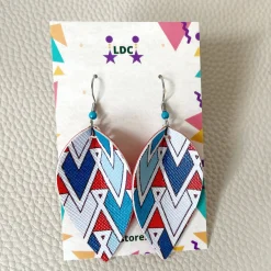 Red Teal Geo Print Pinched Leaf Earrings