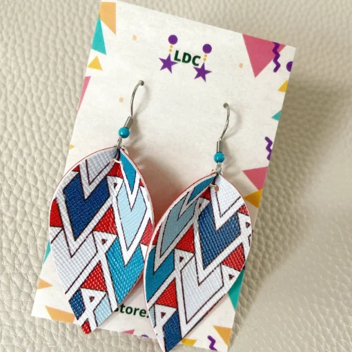 Red Teal Geo Print Pinched Leaf Earrings