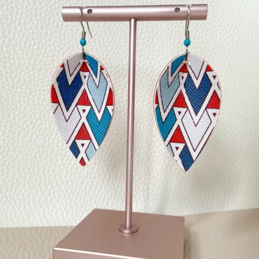 Red Teal Geo Print Pinched Leaf Earrings