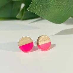 Round Wooden Pink Clear Resin Studs