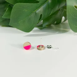 Round Wooden Pink Clear Resin Studs
