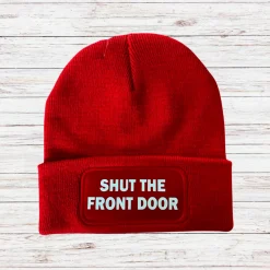 Shut The Front Door Cuffed Rectangular Patch Beanie Hat