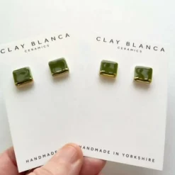 Square Olive Green Stud Earrings