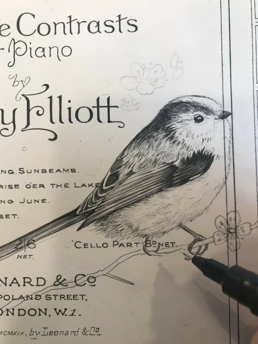 Sunbeam and Moonbeams - Original Pen Drawing on Vintage Sheet Music by