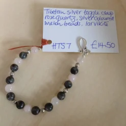 Tibetan Silver Clasp Bracelet with Rose Quartz, Silver Coloured Melon