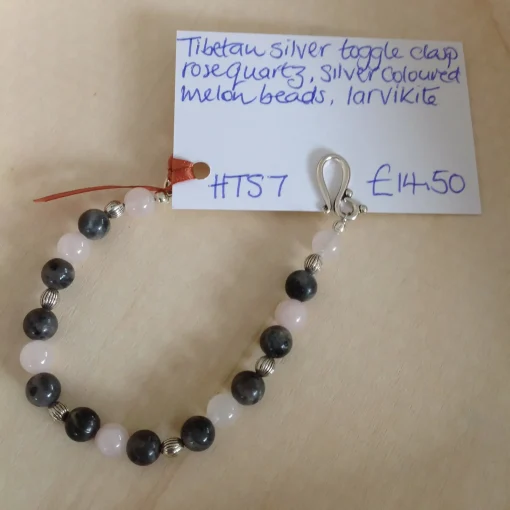 Tibetan Silver Clasp Bracelet with Rose Quartz, Silver Coloured Melon