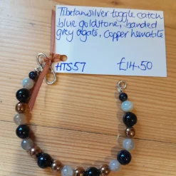 Tibetan Silver Toggle Bracelet with Blue Goldstone, Banded Grey Agate