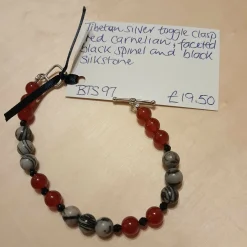 Tibetan Silver Toggle Catch Bracelet with Red Carnelian, Faceted Black