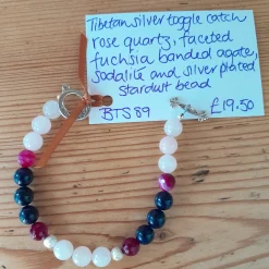 Tibetan Silver Toggle Catch Bracelet with Rose Quartz, Faceted Fuchsia