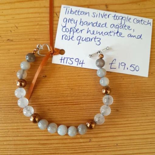 Tibetan Silver Toggle Catch Bracelet with Grey Banded Agate, Copper He