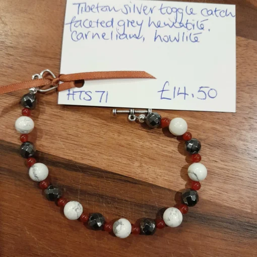 Tibetan Silver Toggle Catch Bracelet with Faceted Grey Hematite, Carne