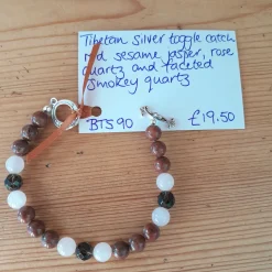 Tibetan Silver Toggle Catch Bracelet with Red Sesame Jasper, Rose Quar