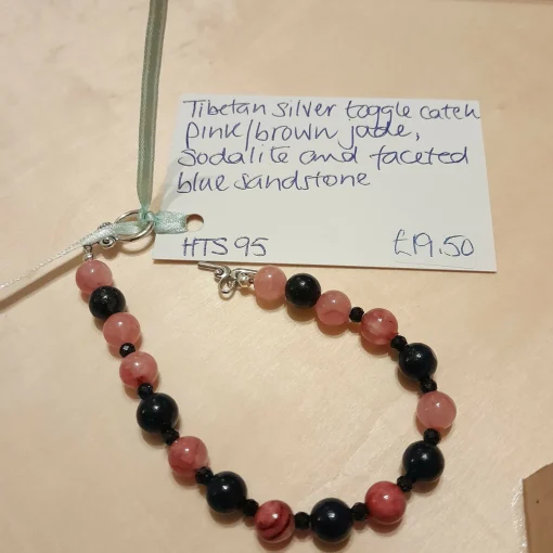 Tibetan Silver Toggle Catch Bracelet with Brown Rose Jade, Sodalite an