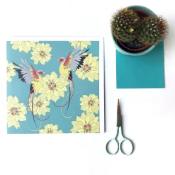 Turquoise Flying Birds & Flowers Greetings Card