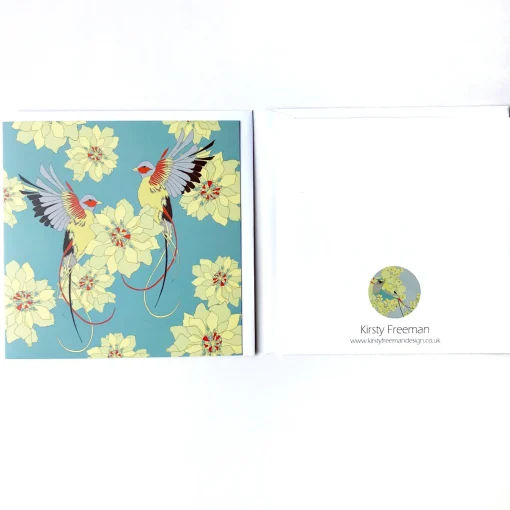 Turquoise Flying Birds & Flowers Greetings Card