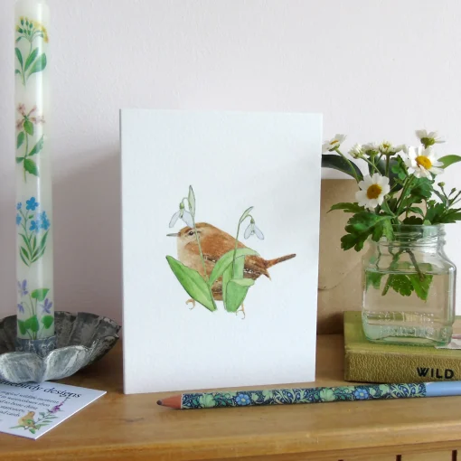 Wren and Snowdrops Greetings Card