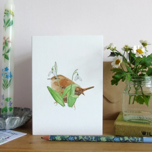 Wren and Snowdrops Greetings Card