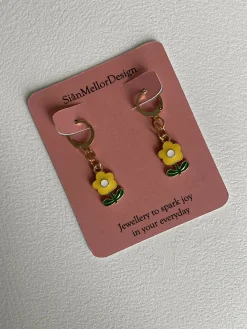 Yellow Flower Charm Gold Huggie Hoop Earrings